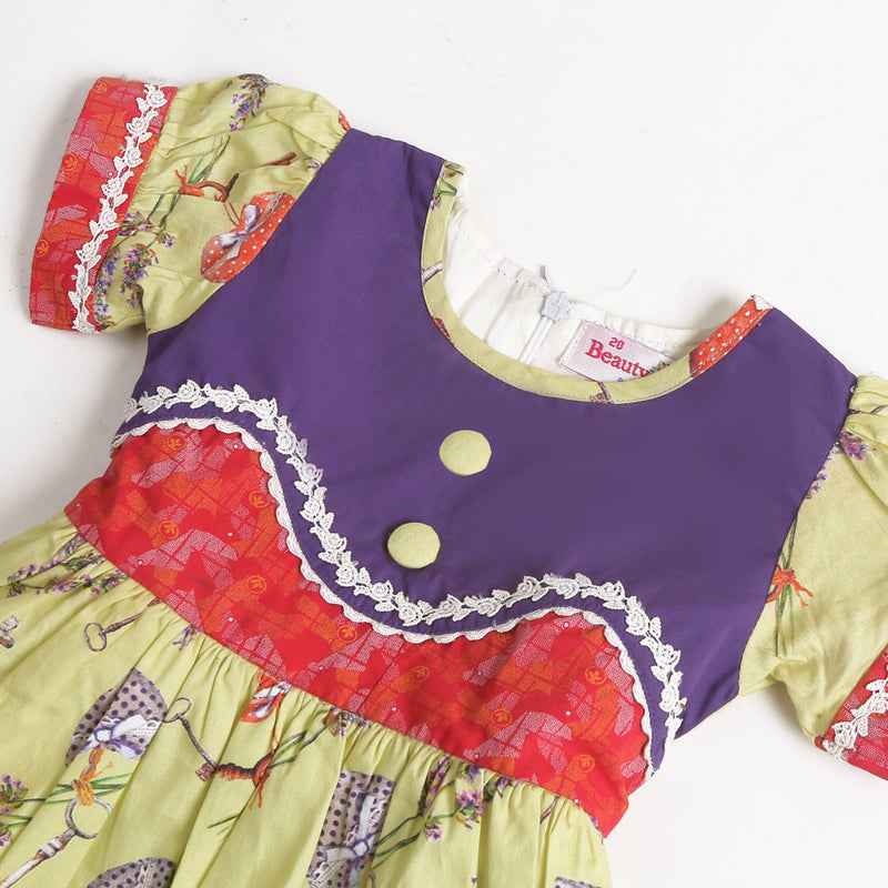 Girls Printed Cotton Frock - Lemon (CM01051)