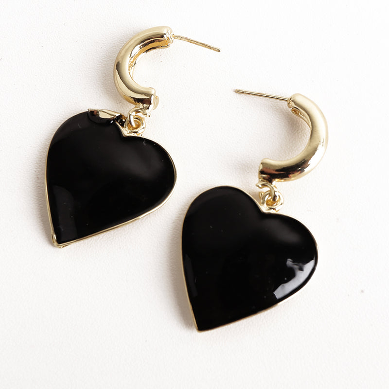 Heart Design Drop Earrings - Black