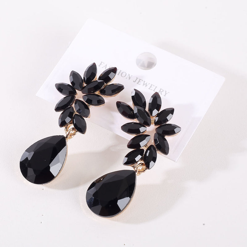 Fashion Flower Crystal Earrings Drop Black