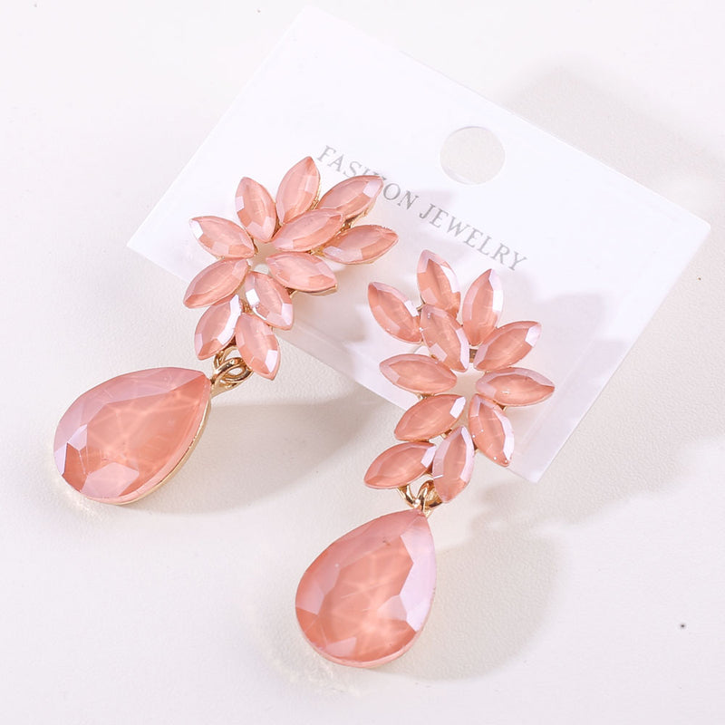 Fashion Flower Crystal Earrings Drop Tea Pink