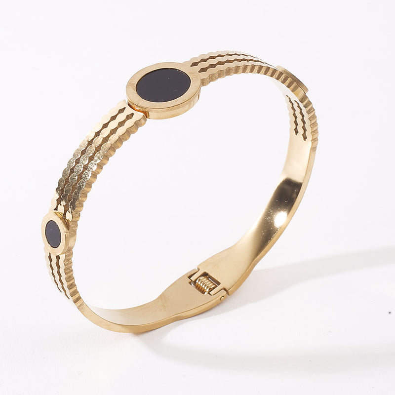 Fashion Round Open Cuff Stainless Bangle Roman numeral Black Stone