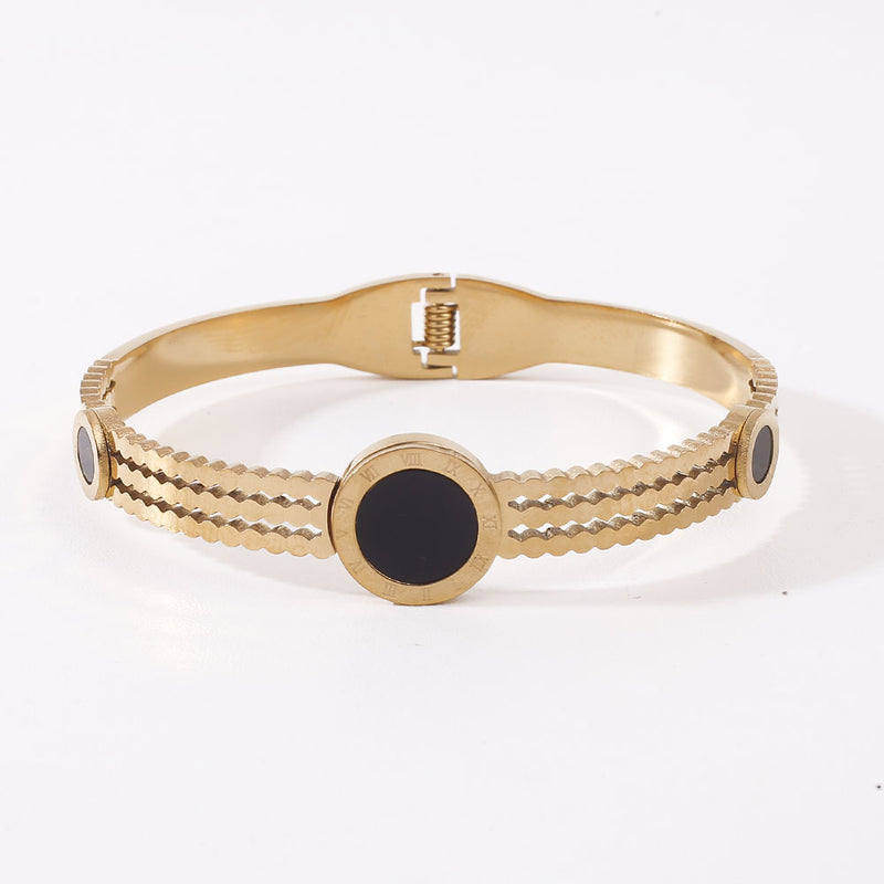 Fashion Round Open Cuff Stainless Bangle Roman numeral Black Stone