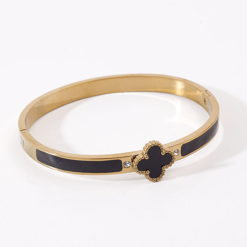 Fashion  Open Cuff Stainless Bangle four-leaf clover Black Stone