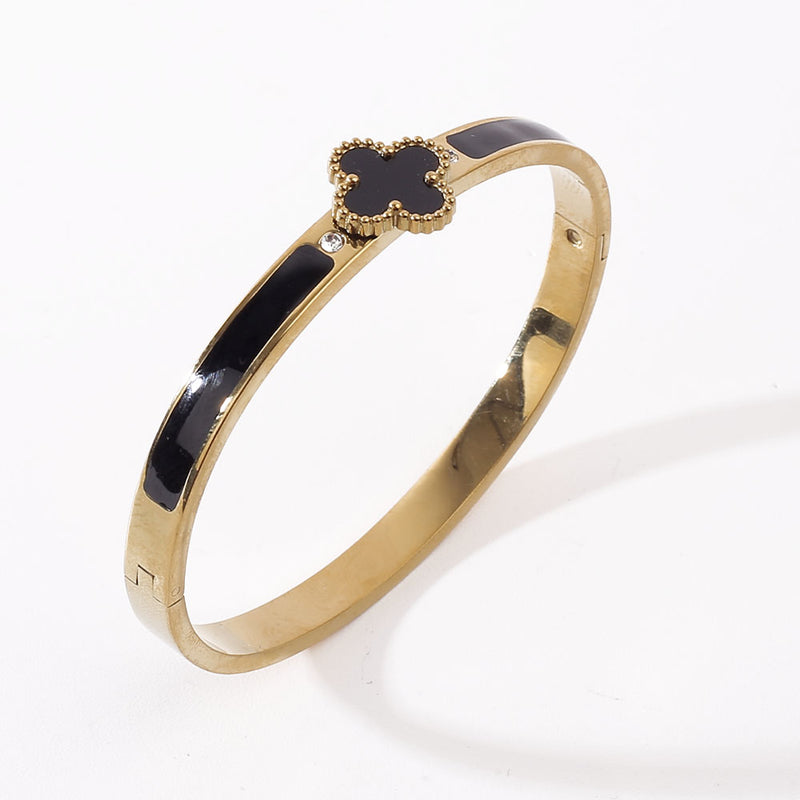 Fashion  Open Cuff Stainless Bangle four-leaf clover Black Stone
