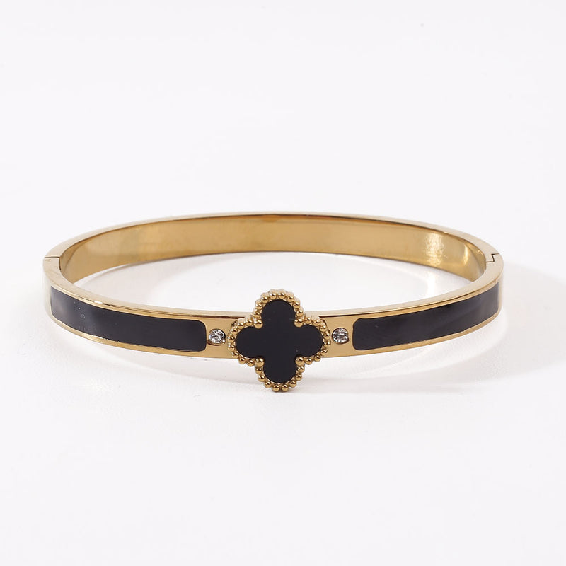Fashion  Open Cuff Stainless Bangle four-leaf clover Black Stone