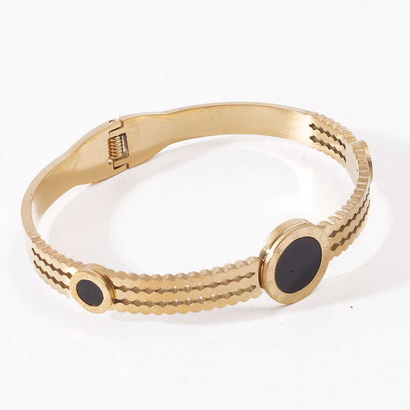 Fashion Round Open Cuff Stainless Bangle Roman numeral Black Stone