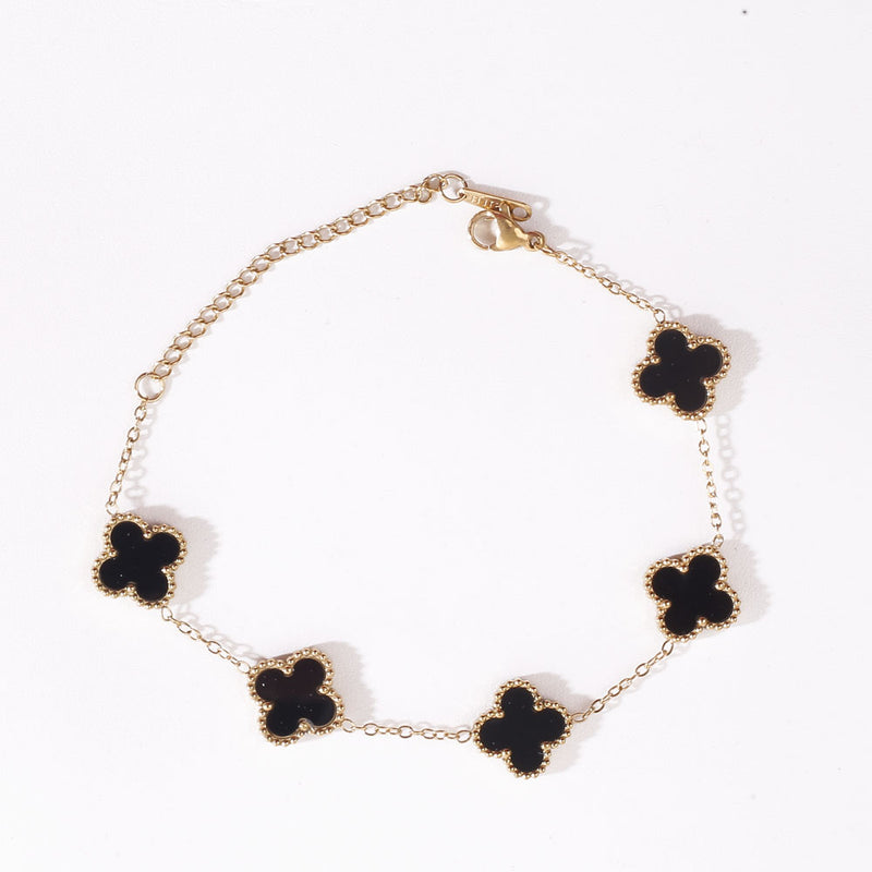Clover Charm Bracelet - Gold Tone Chain Minimalist Design - Black