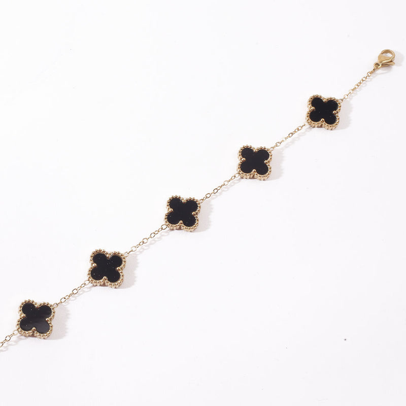 Clover Charm Bracelet - Gold Tone Chain Minimalist Design - Black