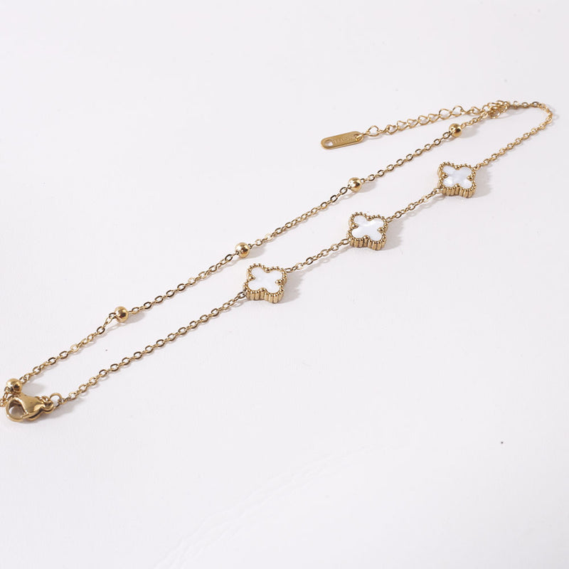 Dainty Gold Tone Chain Bracelet with White Clover Charms – Chic & Trendy