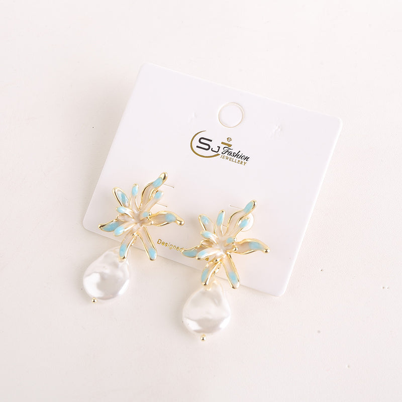 Retro Golden Flower Dangle Earrings Blue (709)
