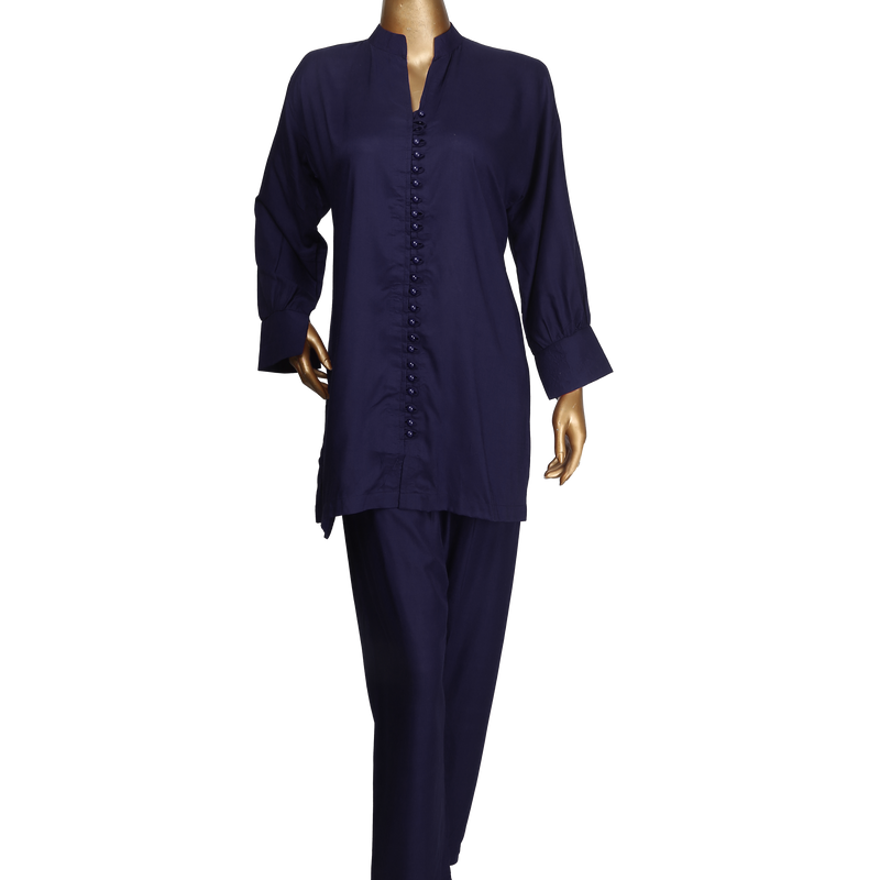 Linen 2 Pcs Suit - Navy Blue